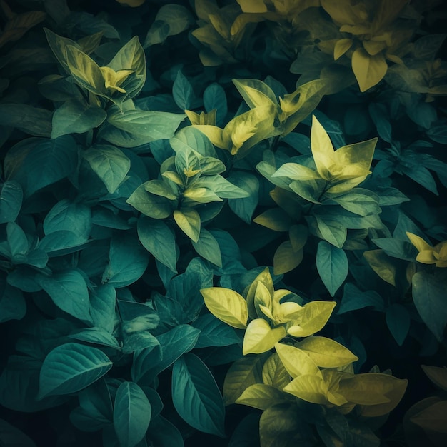 Una pianta frondosa verde e gialla è circondata da altre piante.