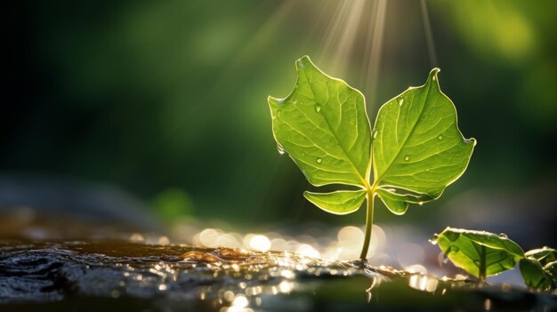 Una pianta giovane con foglie a forma di cuore luccica sotto il sole simboleggiando speranza e rinnovamento con gocce di rugiada che evidenziano la sua nuova crescita