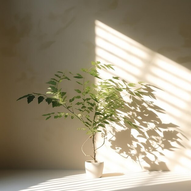 Una pianta in un vaso bianco con il sole che splende attraverso la finestra.