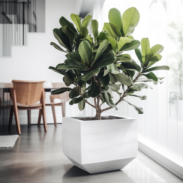 Una pianta in un vaso bianco è seduta sul pavimento davanti a una finestra.