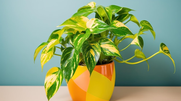 Una pianta in un vaso colorato è mostrata su un tavolo.
