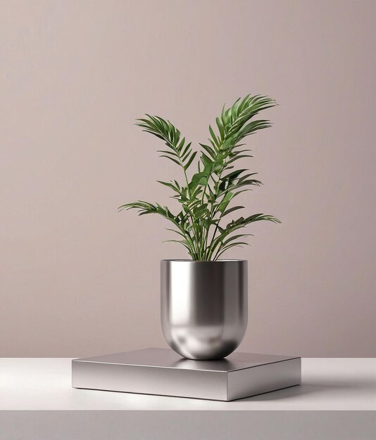 una pianta in una pentola d'argento su un tavolo bianco