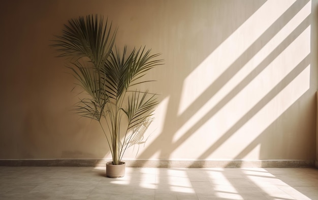 Una pianta in una stanza vuota con la luce del sole che entra dalla finestra.
