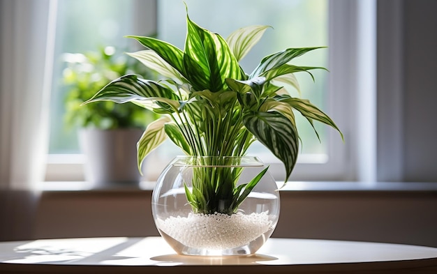 Una pianta in vaso seduta sopra un tavolo accanto a un'AI a finestra