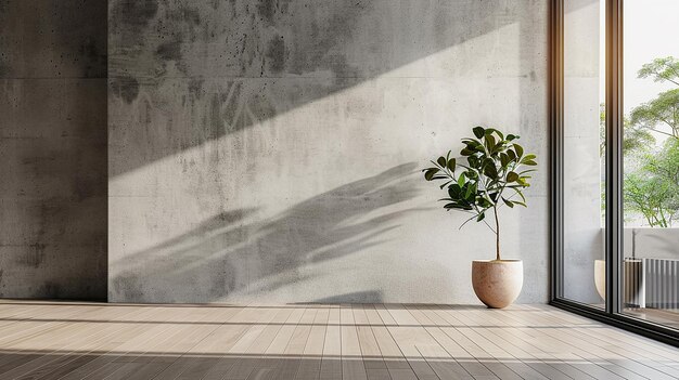 una pianta in vaso si siede su un pavimento di legno accanto a un muro con l'ombra di un albero