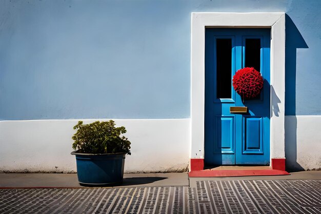 una pianta in vaso si trova di fronte a una porta blu.