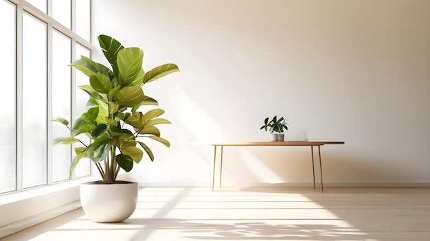 Una pianta in vaso si trova in una stanza bianca con un tavolo e una pianta sopra.