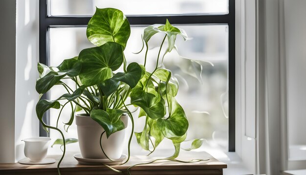 una pianta su un davanzale della finestra con una finestra dietro
