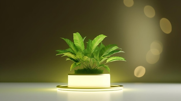 Una pianta su un supporto rotondo con una luce sopra