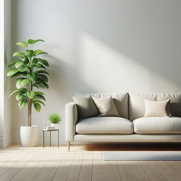 Una pianta verde accanto a un divano in una stanza bianca moderna vuota