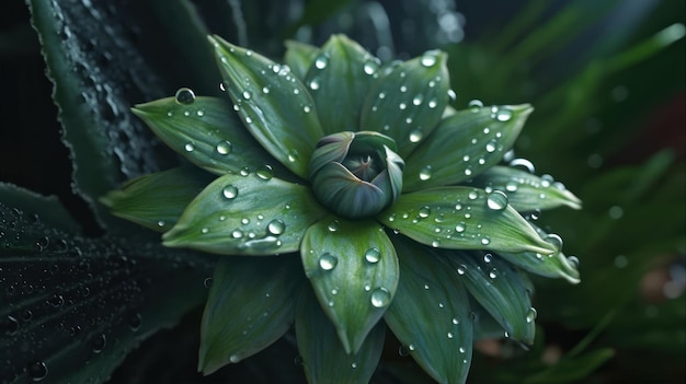 Una pianta verde con gocce d'acqua su di essa