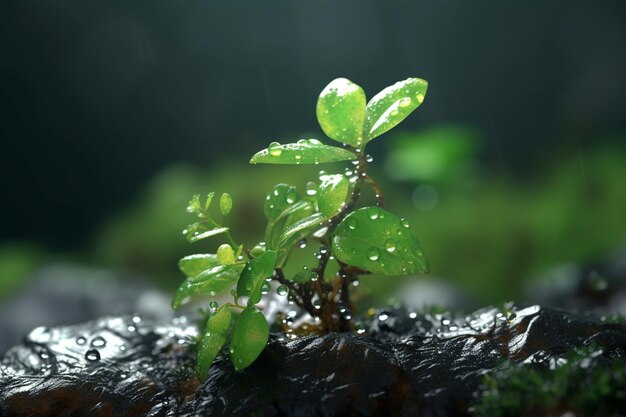 Una pianta verde germoglia con gocce d'acqua su di essa.