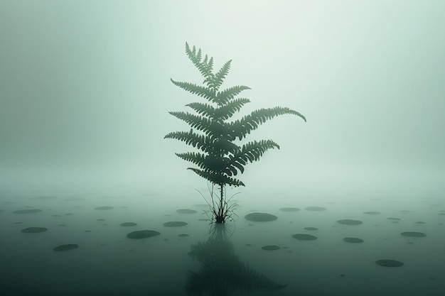 Una pianta verde in un lago nebbioso con una pianta frondosa nel mezzo.