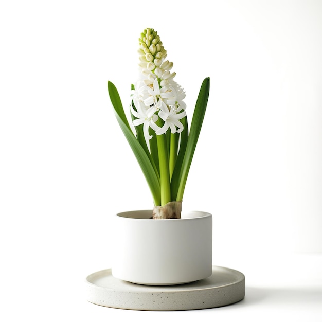 Una piantagione di porcellana minimalista con un singolo giacinto in fiore isolato su uno sfondo trasparente