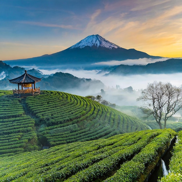 una piantagione di tè con una pagoda in cima