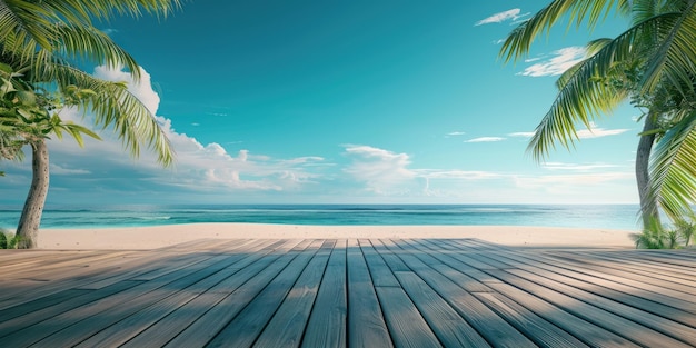 una piattaforma di legno è su una spiaggia con palme sullo sfondo
