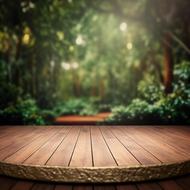 Una piattaforma di legno in una foresta con pavimento in legno e pavimento in legno.
