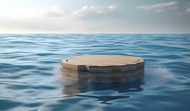 Una piattaforma di legno rotonda nell'oceano con un cielo blu sullo sfondo.