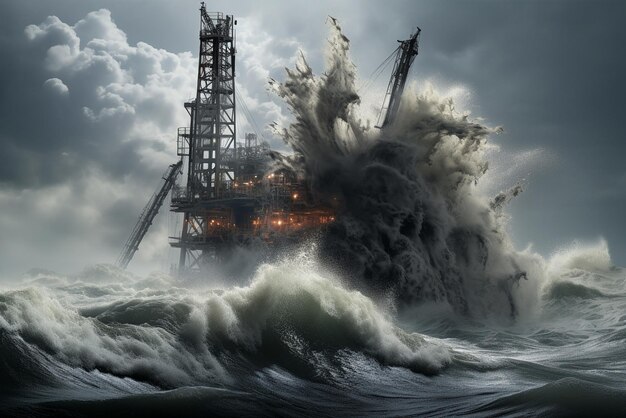 Una piattaforma petrolifera durante una tempesta