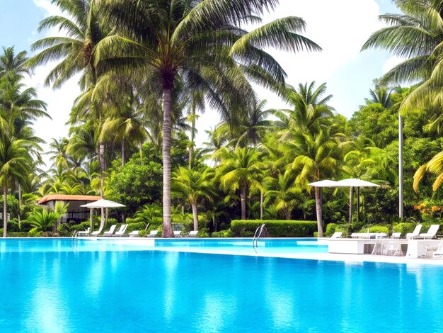 Una piazza con piscina e palme in un tipico hotel tropicale