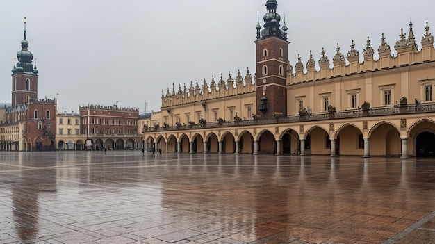 Una piazza con un grande edificio con la torre dell'orologio sullo sfondo