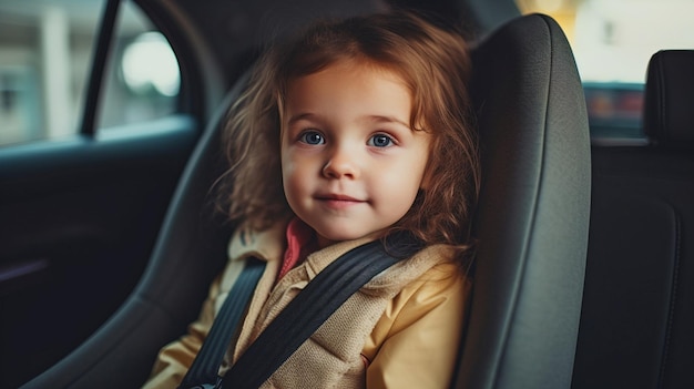 Una piccola adorabile bambina viaggia con suo padre in automobile mentre è assicurata dalle cinture di sicurezza The Generative AI