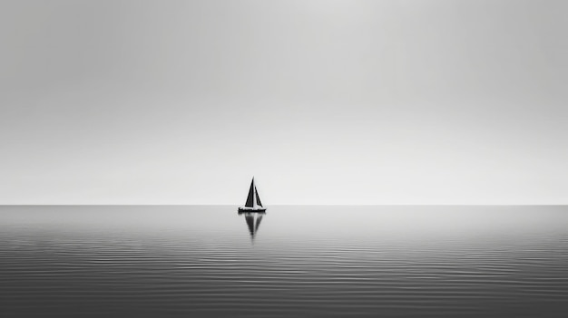 Una piccola barca galleggia sull'acqua con un cielo bianco sullo sfondo.
