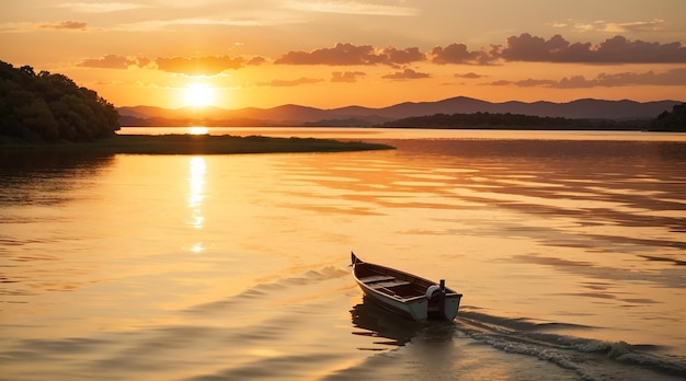 Una piccola barca si sta muovendo in un lago al tramonto
