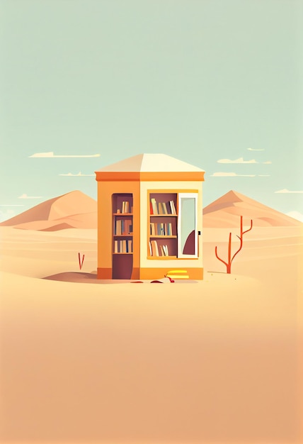 Una piccola biblioteca si trova nel deserto con una montagna sullo sfondo.