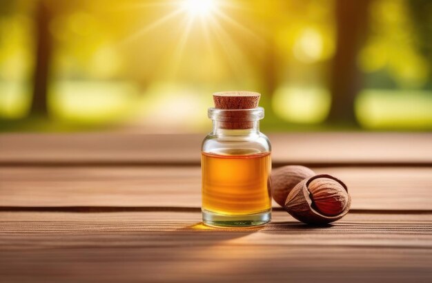 una piccola bottiglia di vetro di olio di noce moscata su un tavolo di legno un mucchio di noci moscate una foresta sullo sfondo un giorno di sole