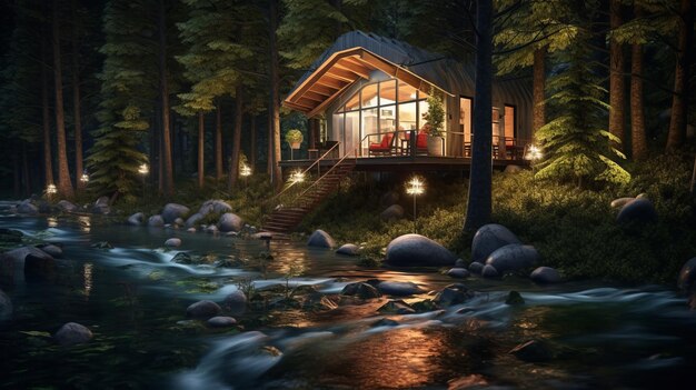 una piccola cabina di legno moderna e futuristica montata su un albero nella foresta profonda di notte