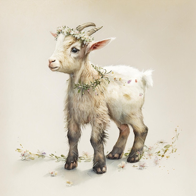 Una piccola capra con fiori sul collo è in piedi su uno sfondo bianco.