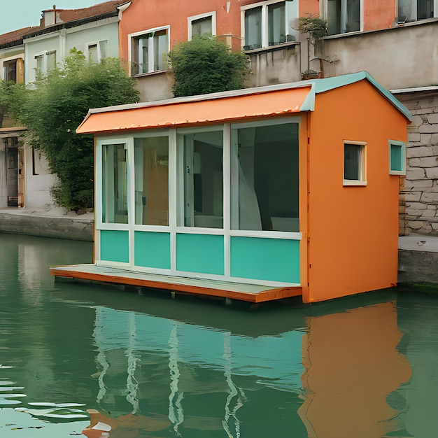 una piccola casa arancione con un tetto verde si trova nell'acqua