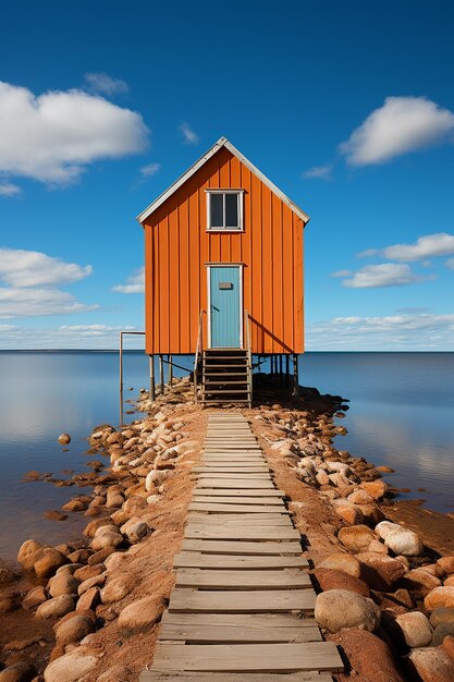 Una piccola casa arancione su un molo con un cielo blu e nuvole sullo sfondo