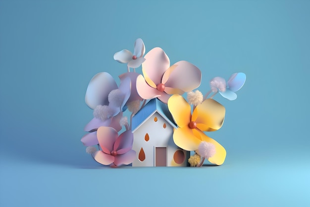 Una piccola casa con dei fiori in cima