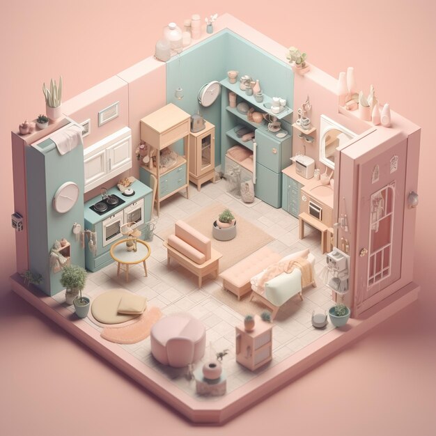 Una piccola casa con interni rosa e un piccolo soggiorno con un divano e un tavolo con sopra una pianta in vaso.