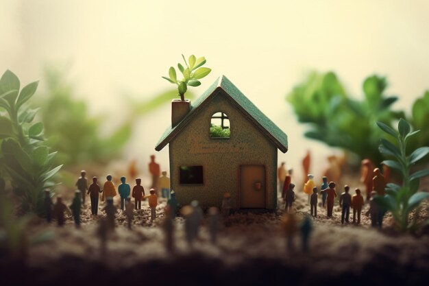 Una piccola casa con un albero sul davanti è circondata da persone.