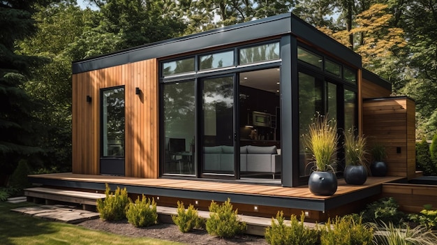 Una piccola casa con un balcone e un divano sul ponte.