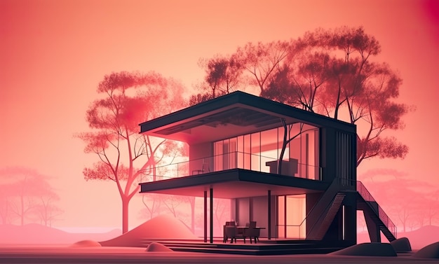 Una piccola casa con un balcone su una collina AI immagine generativa