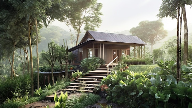 Una piccola casa con un orto durante la natura Vivi una vita semplice nella campagna della Thailandia Generative AI