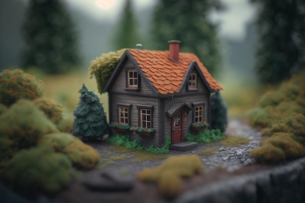 Una piccola casa con un tetto rosso si trova in una foresta.