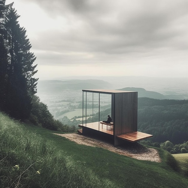 Una piccola casa con una persona seduta su una collina di fronte
