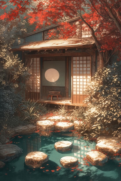 Una piccola casa di legno circondata da aceri e rocce con uno stagno d'autunno in primo piano pieno