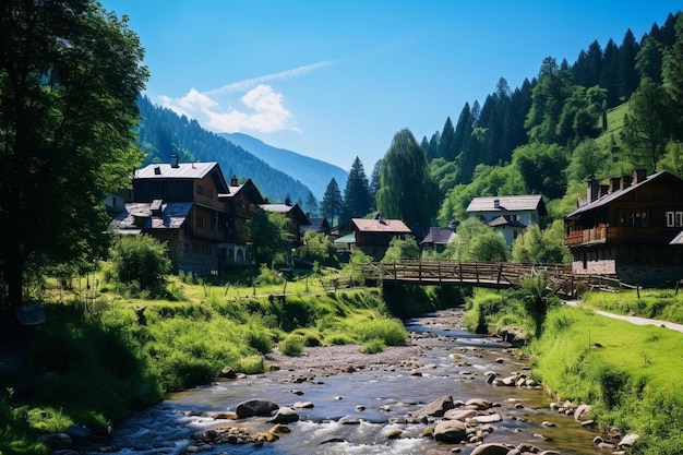 una piccola casa di legno si trova su un fiume in montagna.