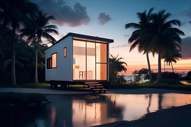 Una piccola casa modulare tropicale con un paesaggio acquatico