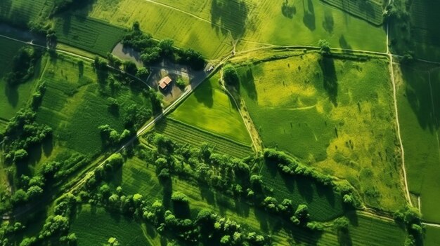 Una piccola casa si trova in un campo di verde.