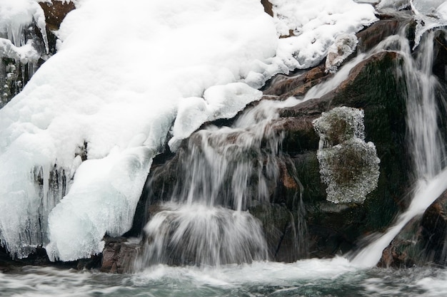 una piccola cascata attiva pulita ruscello di montagna paesaggio invernale innevato sfondo della fauna selvatica