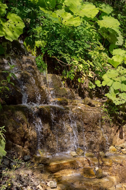 Una piccola cascata che scorre dalla montagna in una soleggiata giornata estiva regione Tzoumerka Grecia montagne Pindos