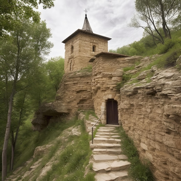 Una piccola chiesa su una scogliera con un campanile e un campanile.