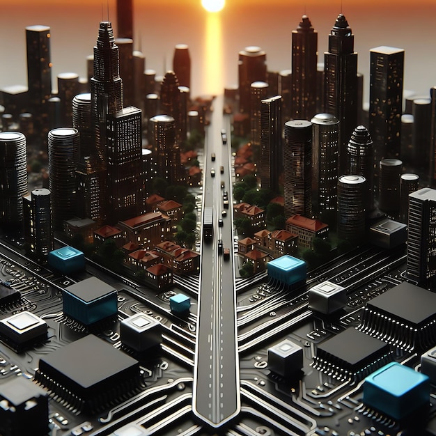 Una piccola città fatta di componenti di circuiti elettronici generati da AI